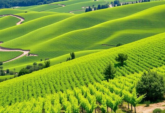 Rolling green Chardonnay vineyards on chalky hillsides near Cramant and Avize, Champagne, French wine, C&ocirc;te des Blancs