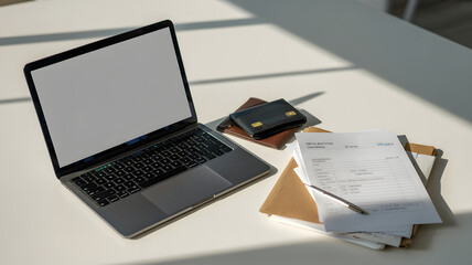 A laptop with a blank screen is on a white table next to documents and a wallet in bright sunlight