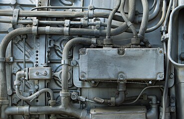 Jet engine of an airplane, side view, jet engine piping system