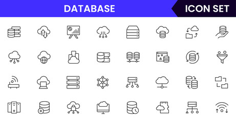 Database vector line icons featuring data centers, routers, firewalls, cables, monitoring tools, IP settings, cloud servers, and connectivity.