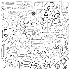 Collection of hand drawn doodle arrows, sketch lines, abstract swirls, check marks and symbols for infographic, note, or presentation design.