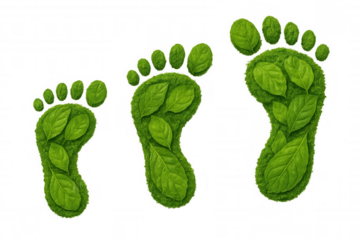 Green leaf footprints increasing in size representing environmental growth impact, eco-friendly concept against transparent backdrop