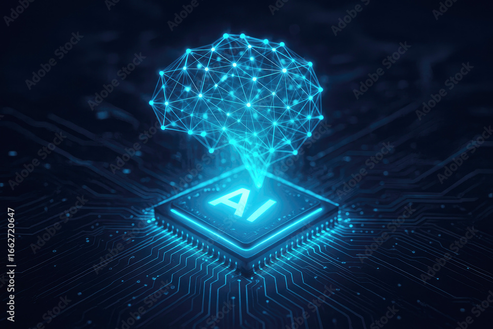 Poster ai concept with glowing blue brain network on a processor chip and circuit board artificial intellig