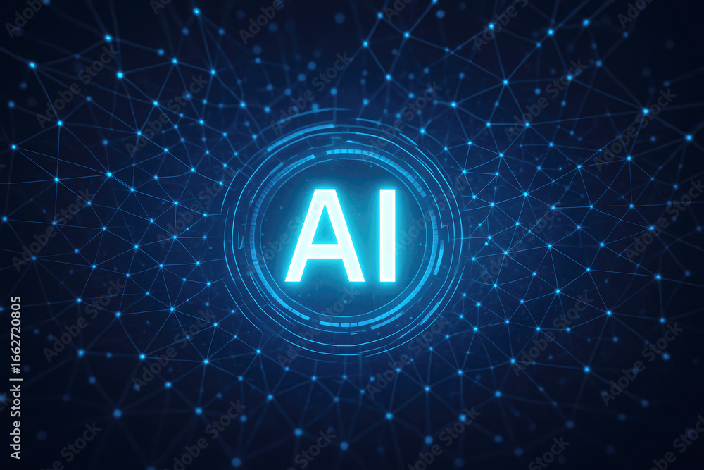 Poster bright ai logo centered in a blue digital network with connected nodes artificial intelligence techn