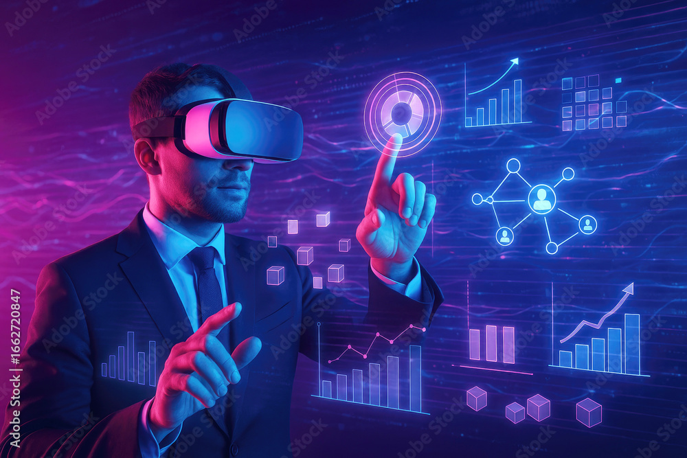 Poster businessman in vr headset interacting with futuristic data visualizations and graphs virtual reality