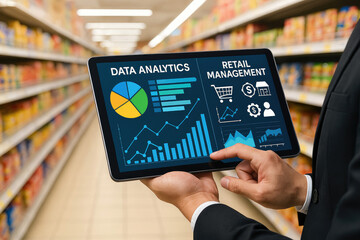 Businessman analyzing retail data on a tablet in a supermarket aisle Keywords: businessman, tablet, data analytics, retail management, supermarket, aisle, technology, charts, graphs, pie chart, bar