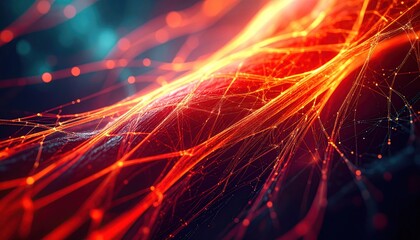 Abstract red and gold lines with digital art, energy, and futuristic background.