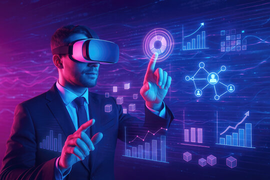 Businessman in VR Headset Interacting with Futuristic Data Visualizations and Graphs virtual reality