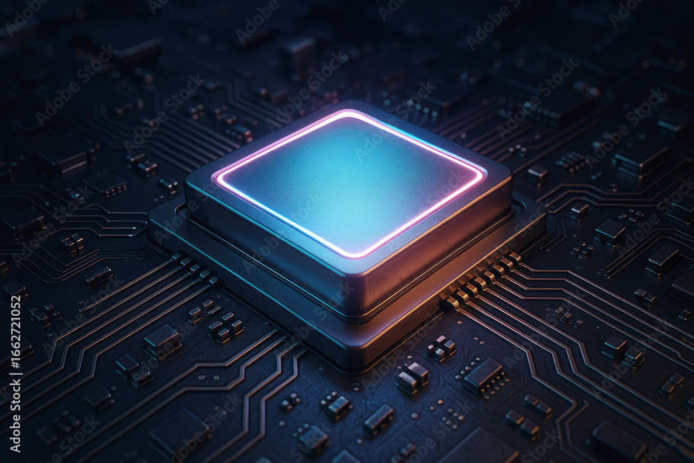 Poster close-up of a glowing square computer processor chip on a dark circuit board with neon blue and pink