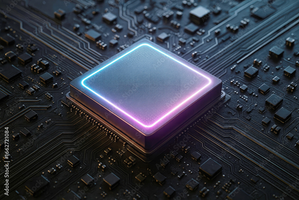 Poster close-up of a square computer processor chip with glowing neon blue and pink light on a circuit boar