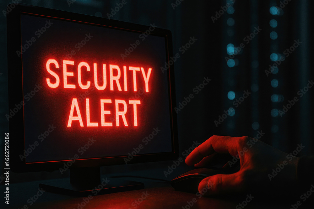 Poster close-up of computer screen showing security alert with hand on mouse in dimly lit server room warni