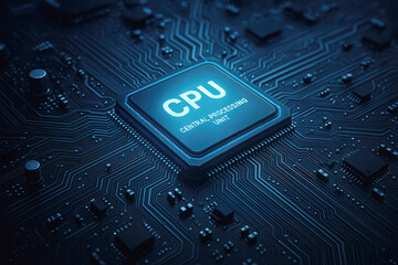 Close-up of a Central Processing Unit CPU Chip on a Blue Circuit Board with Glowing Lines computer