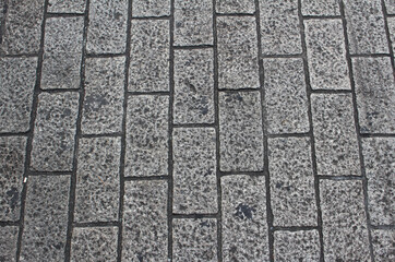Texture of gray square paving tile. Pattern of sidewalk tiles in the street. Concrete pavers close up background.	