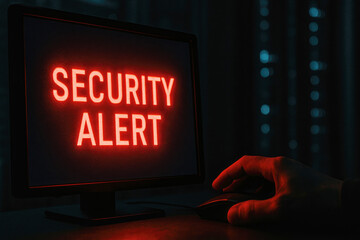Close-up of computer screen showing security alert with hand on mouse in dimly lit server room warning