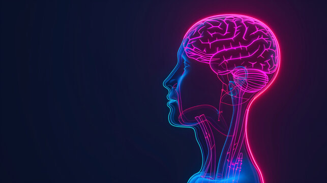 Neon Glowing Silhouette of a Human Head Highlighting the Neck and Brain Structures in a Dark Setting. A vibrant neon representation of a human head showcases intricate details of the neck and brain in