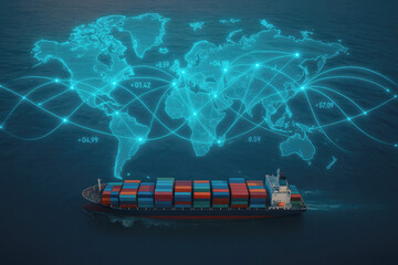 Container ship sailing on ocean under global shipping network map with digital connections cargo ship