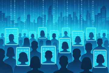 Crowd of people silhouettes with glowing blue facial recognition frames and binary code cityscape background