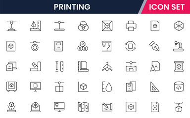 Printing vector line icons featuring printers, layered objects, smart materials, modeling, innovation, prototypes, and additive manufacturing tools.