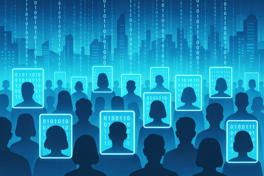 Crowd of people silhouettes with glowing blue facial recognition frames and binary code cityscape background