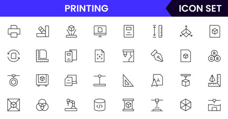 Printing vector line icons featuring printers, layered objects, smart materials, modeling, innovation, prototypes, and additive manufacturing tools.