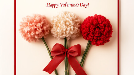 Three pom pom flowers in pink white and red tied with a red ribbon for valentine's day celebration