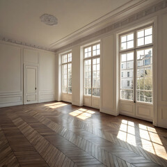 Obraz premium empty room with laminate flooring and French window
