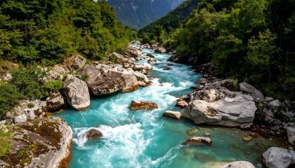 Turquoise River Flowing Through Mountain Valley