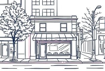 Simple line drawing of a small storefront building on a city street,  outline,  retail