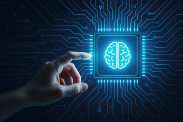 Finger touching glowing blue brain icon on a digital circuit board image photo