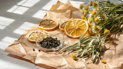 Dried Chamomile Flowers and Lemon Slices with Tea Leaves on Brown Paper