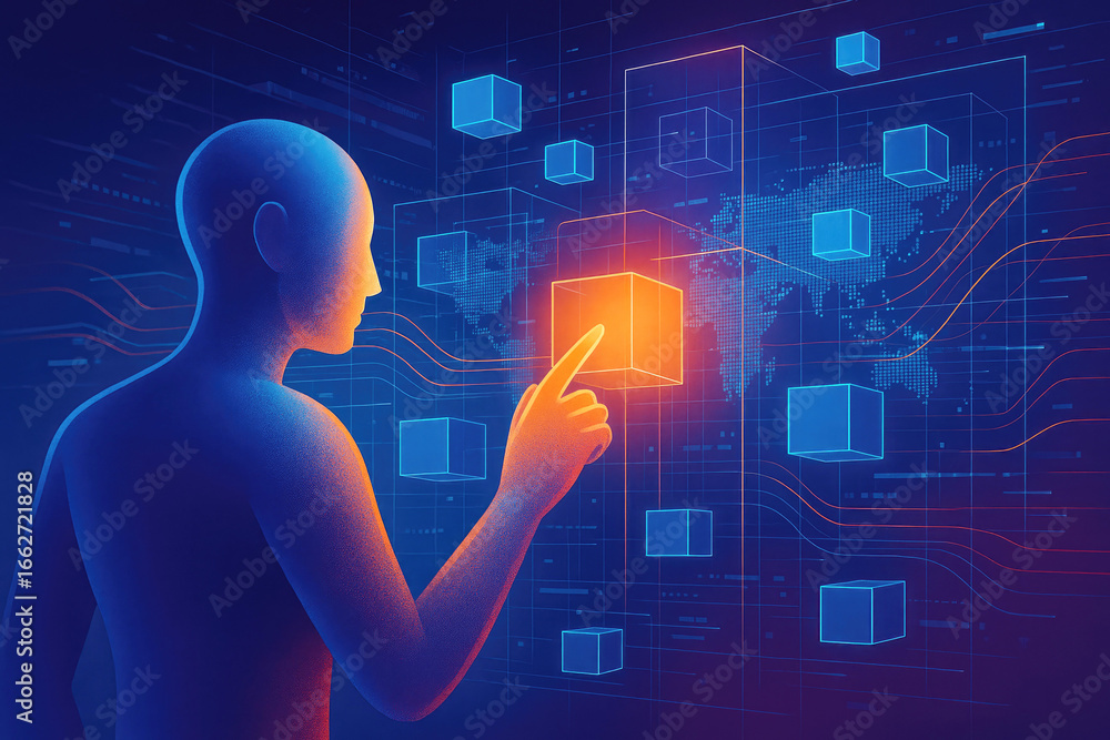 Poster futuristic human interacting with glowing digital cubes and world map data visualization interaction