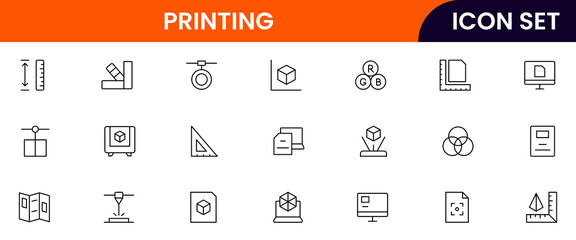 Printing vector line icons featuring printers, layered objects, smart materials, modeling, innovation, prototypes, and additive manufacturing tools.