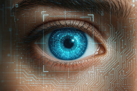 Futuristic Human Eye with Digital Circuitry and Biometric Scan Overlay iris pupil