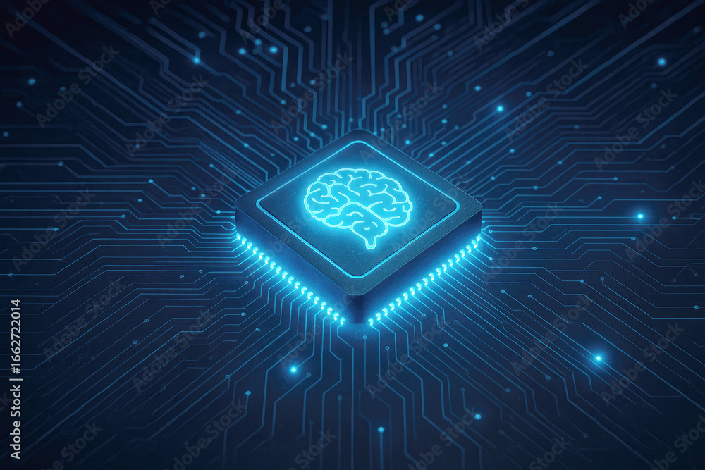 Poster glowing blue ai brain symbol on a computer chip surrounded by circuit board traces and lights artifi