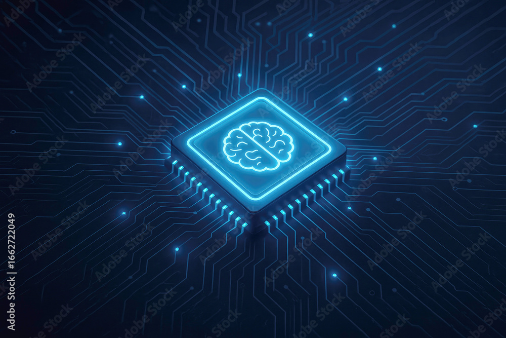Poster glowing blue ai brain symbol on a computer chip surrounded by circuit board traces and lights artifi