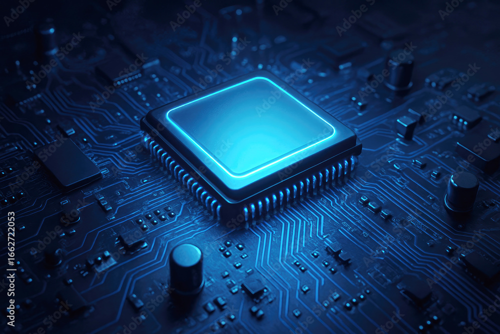 Poster glowing blue cpu chip on a dark circuit board with intricate traces central processing unit computer