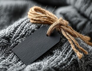 Blank black tag on gray knitted fabric with twine