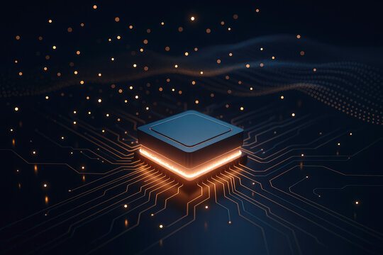 Glowing central processor chip with intricate circuitry and floating particles technology computer