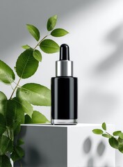 Black dropper bottle on a white and gray cube, surrounded by green leaves