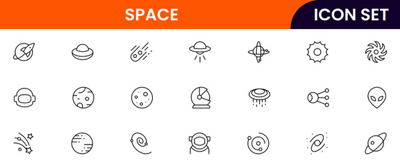 Space technology vector line icons featuring rockets, satellites, space stations, telescopes, planets, astronauts, orbits, launches, and cosmic exploration tools. © flattenx