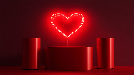 A red neon heart above a red podium with two red cylinders on a red background in a studio setting