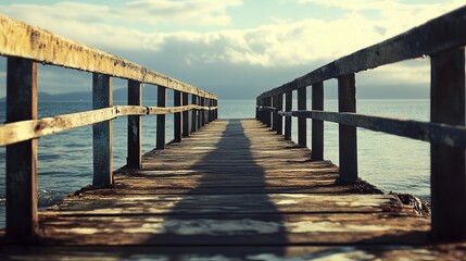 Wooden pier extending into tranquil water, leading to horizon