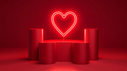 Red themed studio setup with a glowing heart shape and cylindrical stands for product presentations