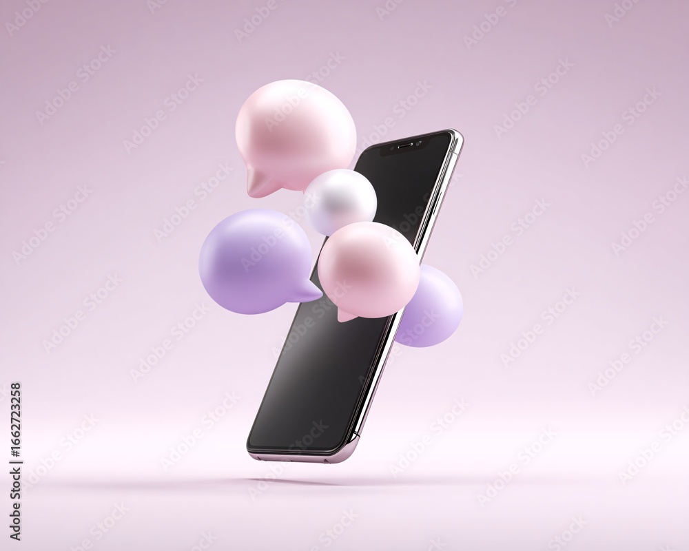 Poster minimalist ai chatbot concept with glowing speech bubbles floating above a sleek smartphone, soft gr