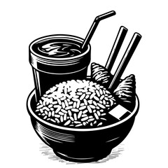 Illustration of a bowl of rice with chopsticks, two cones and a drink with a straw on top