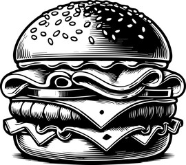 Illustration of a detailed burger with sesame seeds, cheese, meat, and vegetables in black and white