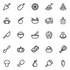 Collection of simple line art icons representing various food items and cooking utensils.