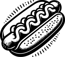 Detailed monochrome illustration of a hotdog with mustard and bun in a vintage style design