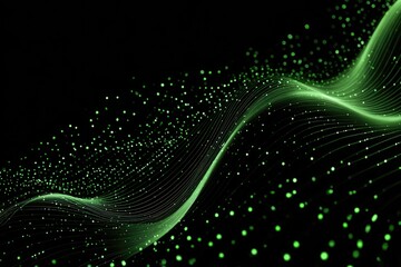 Abstract, swirling, green lines and particles on a black background