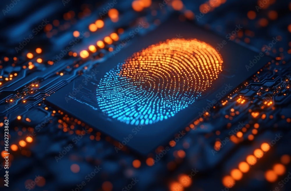 Poster digital fingerprint glowing with orange and blue lights on a circuit board symbolizing biometric sec